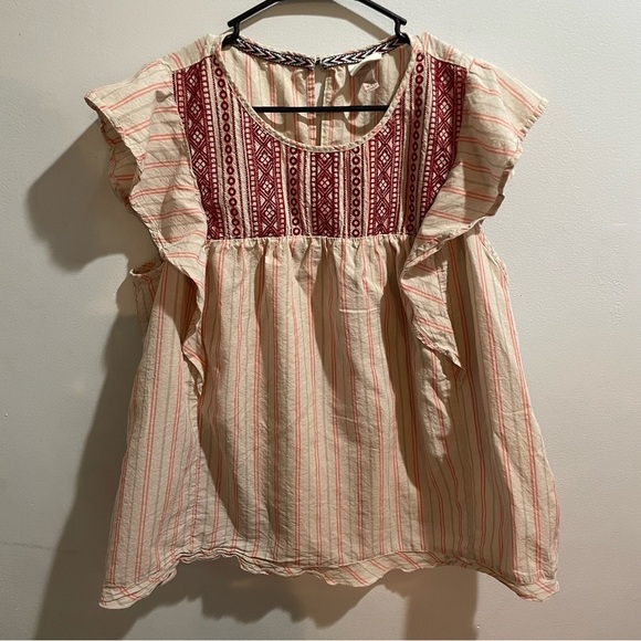 Knox Rose BOHO Flutter Sleeve Embroidered Top Beige Size XXL Aztec Burgundy - Picture 1 of 9
